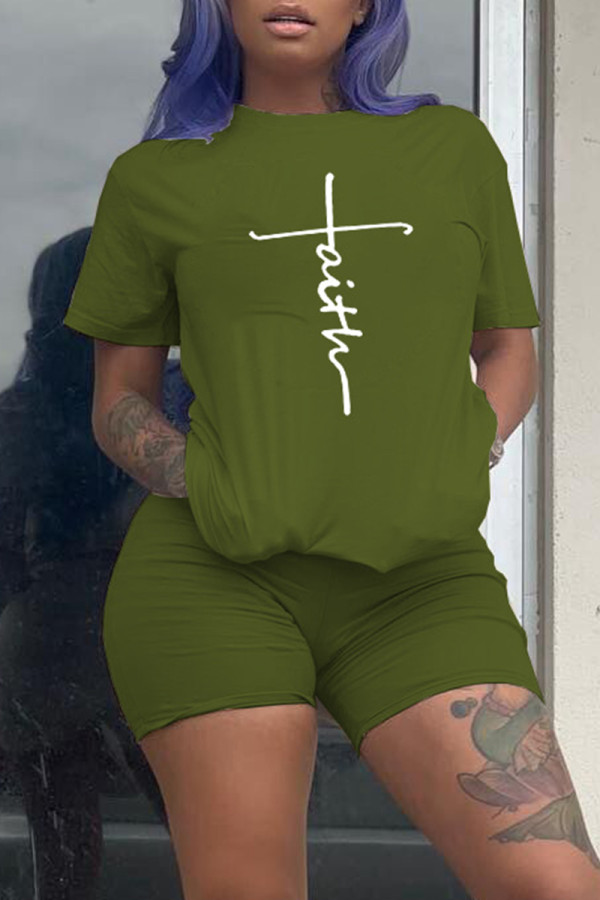 Army Green Fashion Casual Print Basic O Neck Short Sleeve Two Pieces