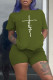 Army Green Fashion Casual Print Basic O Neck Short Sleeve Two Pieces