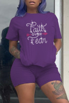Purple Fashion Casual Letter Hot Drill O Neck Short Sleeve Two Pieces
