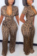 Brown Fashion Casual Geometric Frenulum Zipper V Neck Skinny Jumpsuits