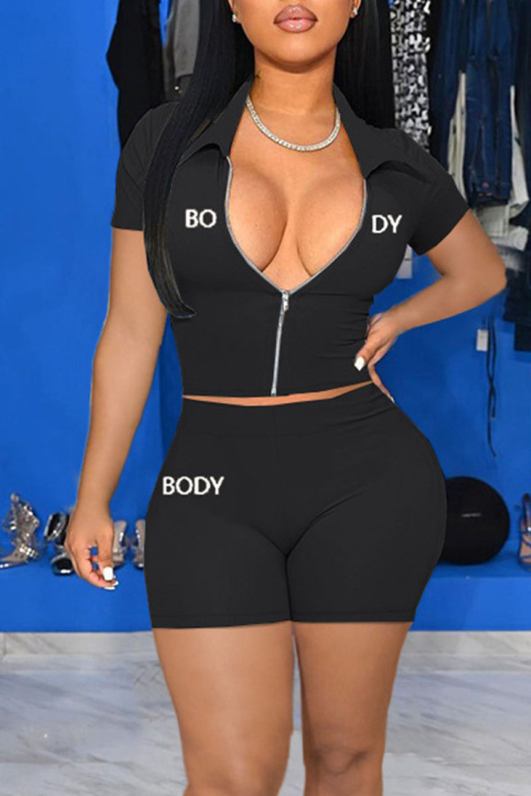 Black Casual Sportswear Print Patchwork Zipper Zipper Collar Short Sleeve Two Pieces