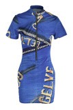 Light Blue Fashion Casual Print Basic Zipper Collar Short Sleeve Dress
