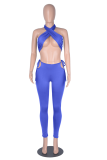 Blue Sexy Solid Patchwork Halter Sleeveless Two Pieces