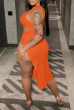 Red Sexy Solid Hollowed Out One Shoulder Pencil Skirt Dresses