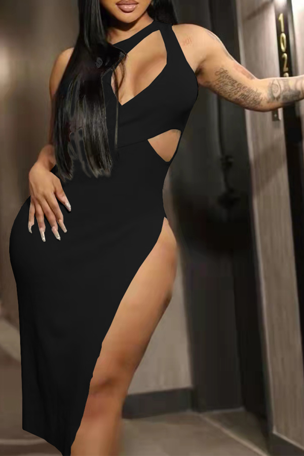 Black Sexy Solid Hollowed Out One Shoulder Pencil Skirt Dresses