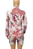 Colour Casual Print Patchwork Turndown Collar Long Sleeve Two Pieces