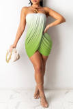 Green Sexy Print Backless Asymmetrical Strapless Sleeveless Dress