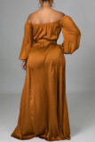 Light Brown Fashion Sexy Solid Backless Slit Off the Shoulder Long Dress Dresses