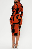 Light Brown Casual Elegant Print Patchwork O Neck One Step Skirt Dresses