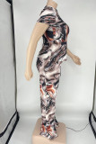 Green Casual Print Split Joint O Neck Plus Size Two Pieces