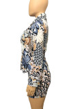 Colour Casual Print Patchwork Turndown Collar Long Sleeve Two Pieces