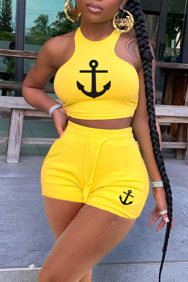 Yellow Casual Sportswear Print Patchwork O Neck Sleeveless Two Pieces