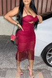 Rose Red Sexy Solid Tassel Hollowed Out Patchwork Fold Spaghetti Strap Sling Dress Dresses