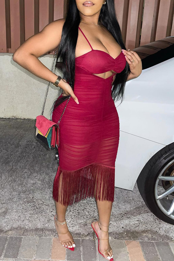 Rose Red Sexy Solid Tassel Hollowed Out Patchwork Fold Spaghetti Strap Sling Dress Dresses