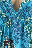 Blue Elegant Print Patchwork Backless Halter Straight Dresses