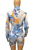 Colour Casual Print Patchwork Turndown Collar Long Sleeve Two Pieces