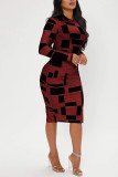 Light Brown Casual Elegant Print Patchwork O Neck One Step Skirt Dresses