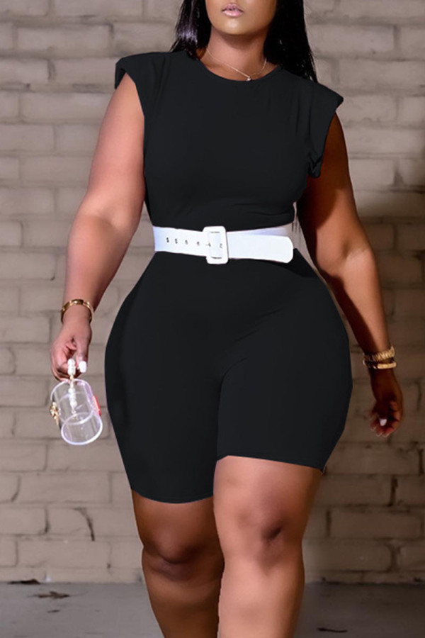 Black Casual Solid Patchwork O Neck Regular Rompers(Without Belt)