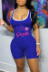 Blue Fashion Casual Print Letter Spaghetti Strap Rompers