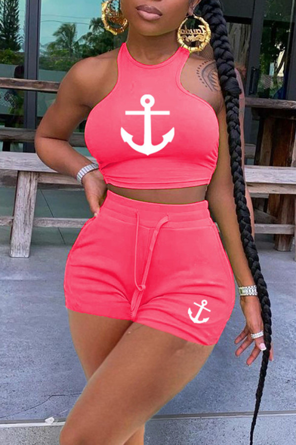 Pink Casual Sportswear Print Patchwork O Neck Sleeveless Two Pieces