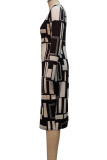 Light Brown Casual Elegant Print Patchwork O Neck One Step Skirt Dresses