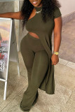 Army Green Fashion Casual Solid Asymmetrical O Neck Short Sleeve Two Pieces