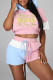 Blue Pink Fashion Casual Letter Print Patchwork Hooded Collar Short Sleeve Two Pieces