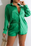 Green Casual Solid Patchwork Buckle Turndown Collar Long Sleeve Two Pieces