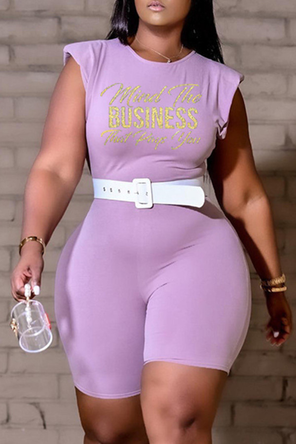 Purple Fashion Casual Letter Print Basic O Neck Skinny Romper (Without Belt)