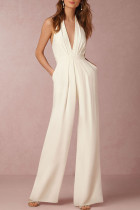 White Simplicity Solid Split Joint Backless Halter Straight Jumpsuits