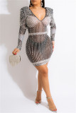 Grey Fashion Sexy Patchwork Hot Drilling See-through Beading V Neck Long Sleeve Dresses