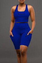 Blue Casual Sportswear Print Split Joint U Neck Sleeveless Two Pieces
