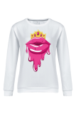 White Fashion Casual Lips Printed Patchwork O Neck Tops