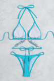 Lake Blue Fashion Sexy Solid Patchwork Backless Strap Design Swimwears Three-piece Set