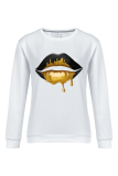 White Fashion Simplicity Lips Printed Patchwork O Neck Tops