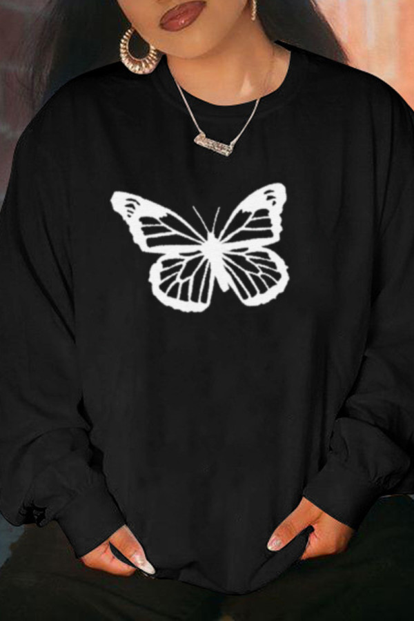 Black Fashion Street Butterfly Print Patchwork O Neck Tops