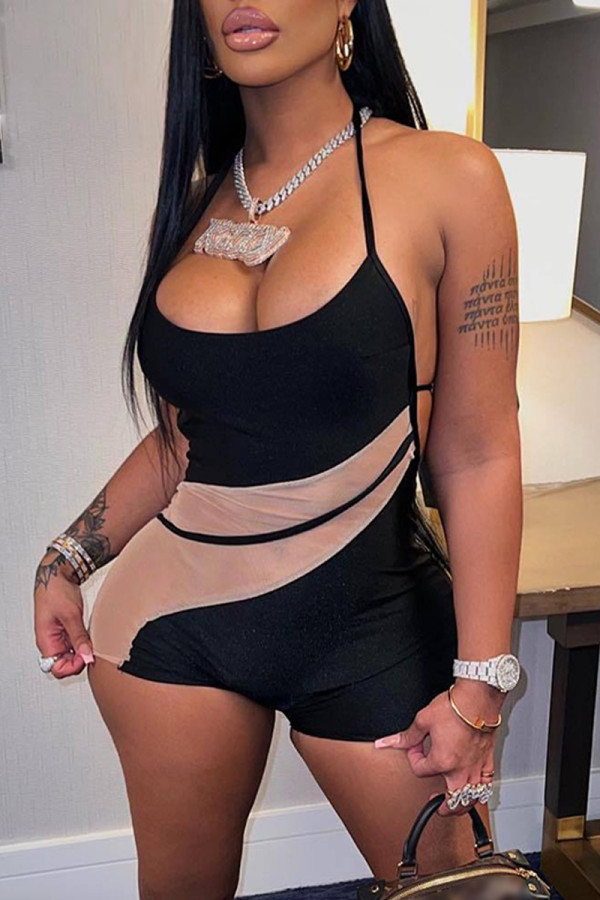 Black Fashion Sexy Patchwork Backless Halter Skinny Romper