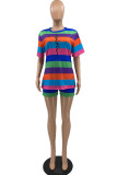 Multicolor Fashion Casual Striped Print Basic O Neck Short Sleeve Two Pieces