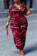 Burgundy Fashion Casual Print Basic V Neck Regular Jumpsuits