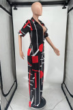 Deep Blue Fashion Casual Print Basic V Neck Regular Jumpsuits