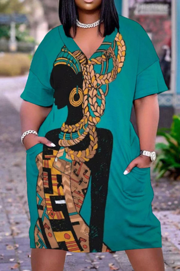 Lake Green Casual Street Print Patchwork V Neck Straight Dresses