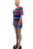 Multicolor Fashion Casual Striped Print Basic O Neck Short Sleeve Two Pieces