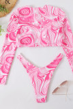Pink Sexy Print Patchwork Zipper Swimwears