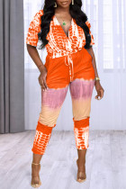 Orange Fashion Casual Print Split Joint V Neck Regular Jumpsuits
