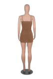 Coffee Sexy Solid Draw String Spaghetti Strap Pencil Skirt Dresses