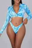 Blue Sexy Print Patchwork Zipper Swimwears