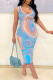 Light Blue Fashion Sexy Print Basic U Neck Vest Dress