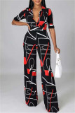 Deep Blue Fashion Casual Print Basic V Neck Regular Jumpsuits