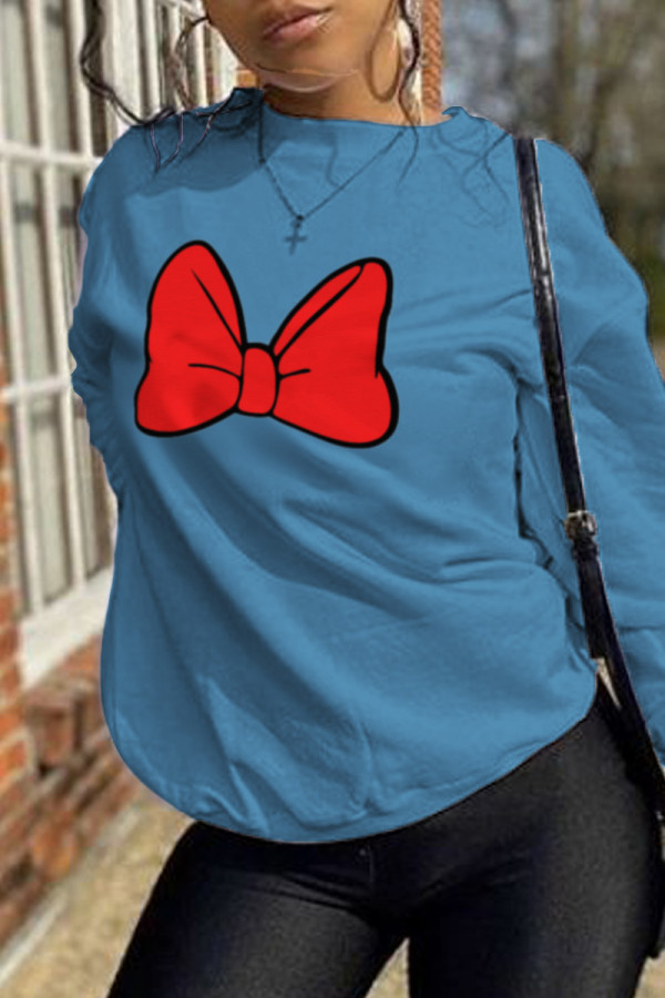 Blue Fashion Street Print Patchwork O Neck Tops