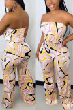 Pink Fashion Casual Mixed Printing Strapless Straight Jumpsuits